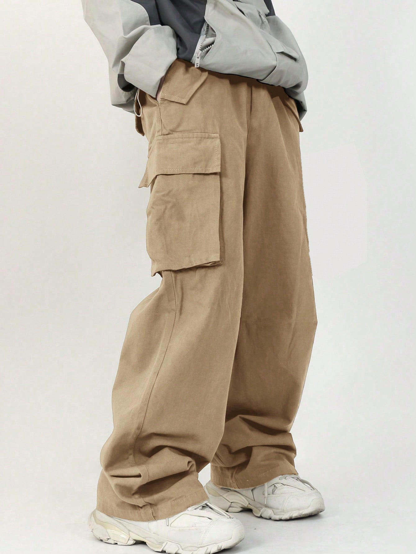 Tween Boy Vacation College Style Relaxed Fit Plain Cargo Pants With Slanted Pockets, Straight Leg