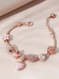 Chic Heart-Shaped & Rhinestone Key Pendant Copper Bracelet With Detachable Chain: A Lovely Fashion Jewelry Gift For Teenage Girls