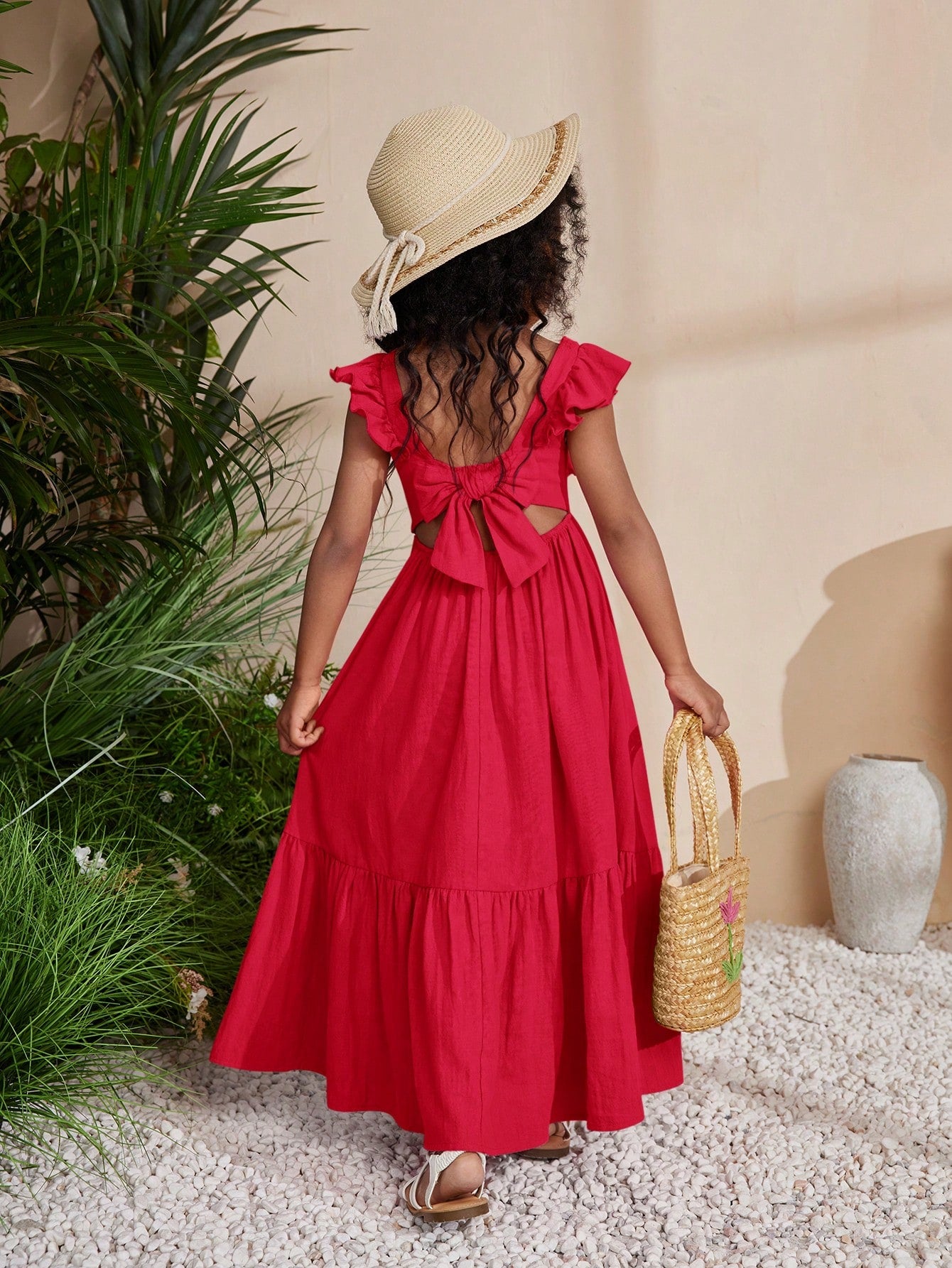 Young Girl Chiccola Music Festival Woven Solid Color Square Neck Sleeveless Maxi Dress