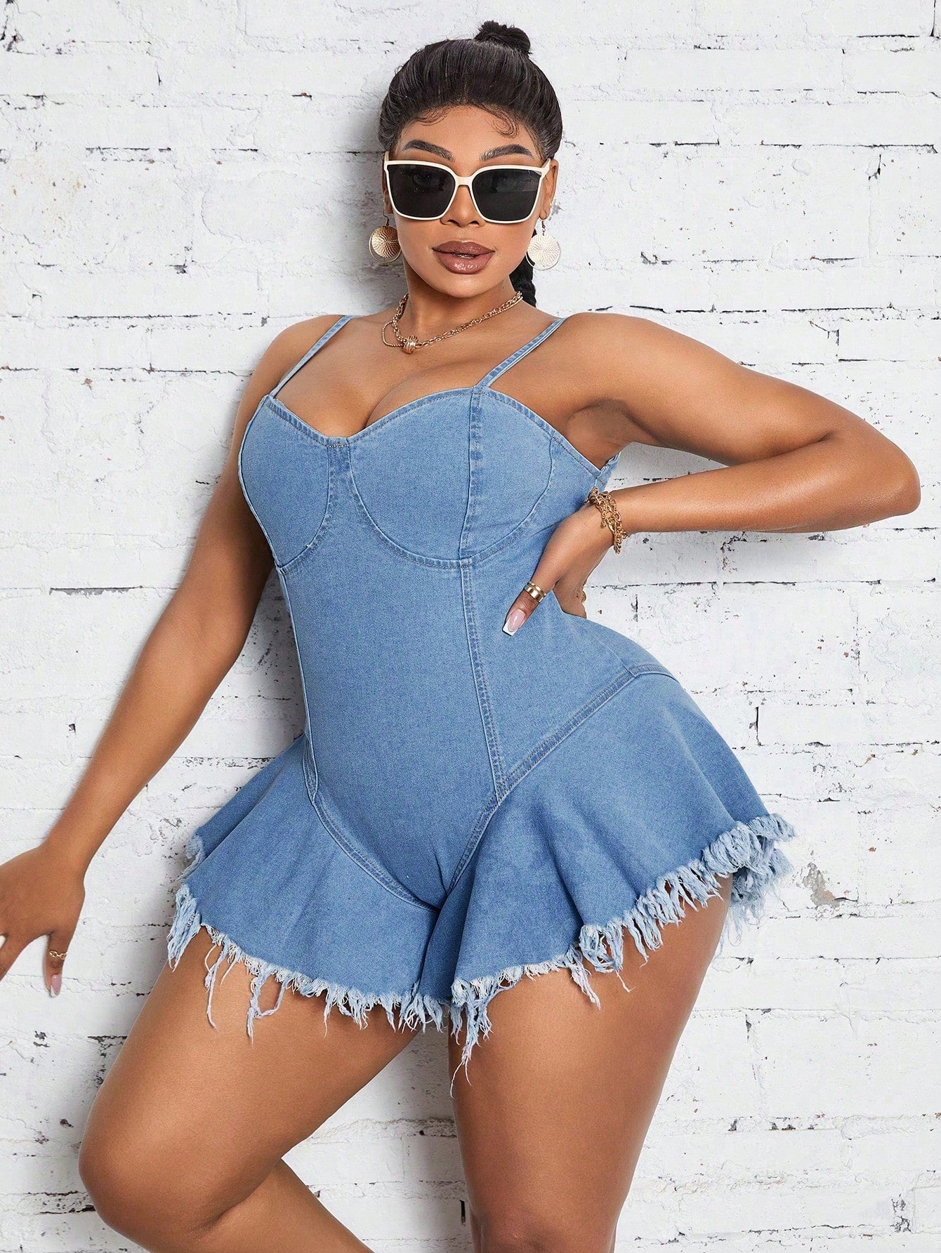 Plus Size Denim Jumpsuit With Ruffle Hem And Frayed Edge For Daily Wear