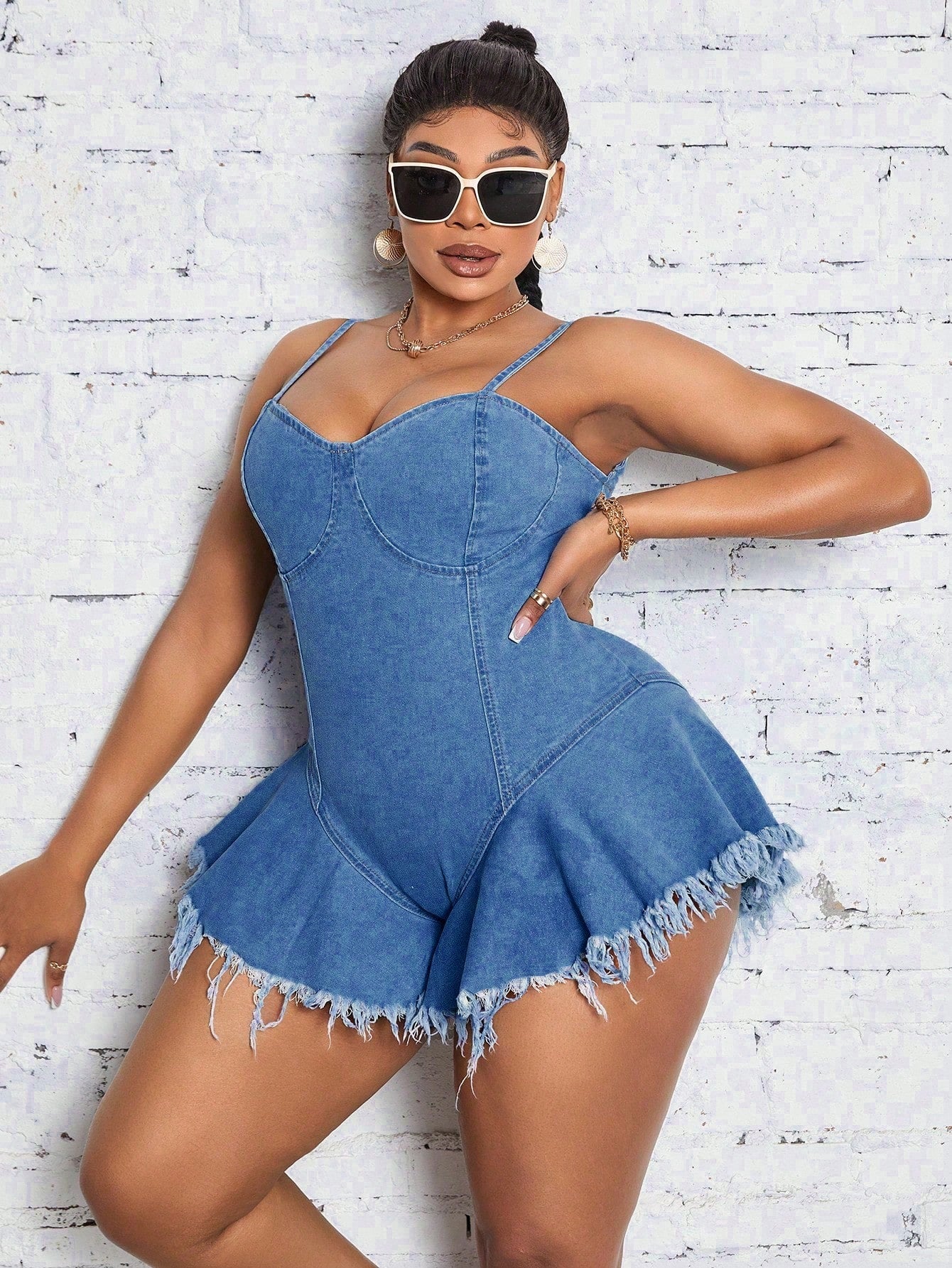 Plus Size Denim Jumpsuit With Ruffle Hem And Frayed Edge For Daily Wear