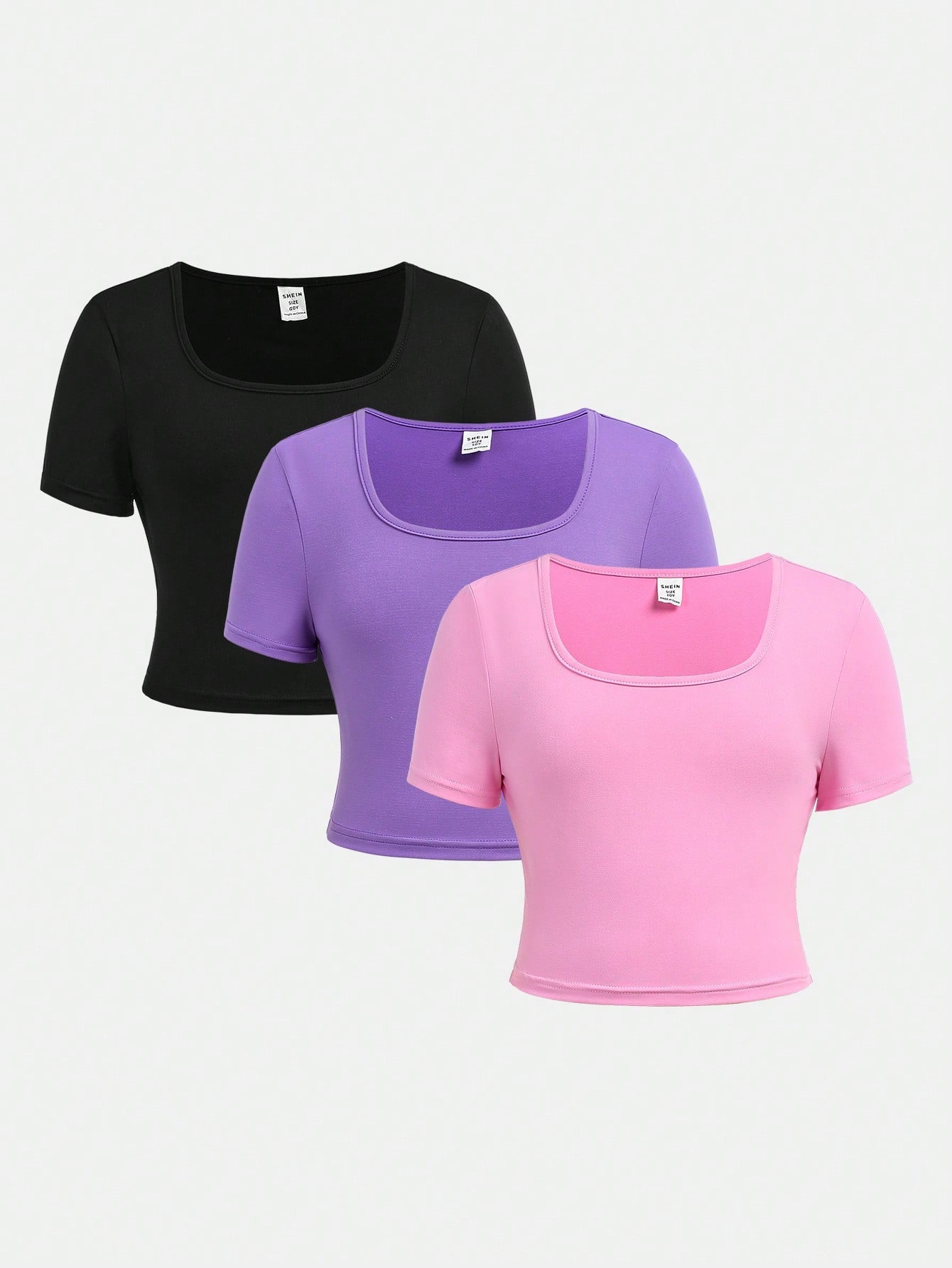 Tween Girl 3pcs Knitted Solid Color Square Neck Short Sleeve T-Shirt