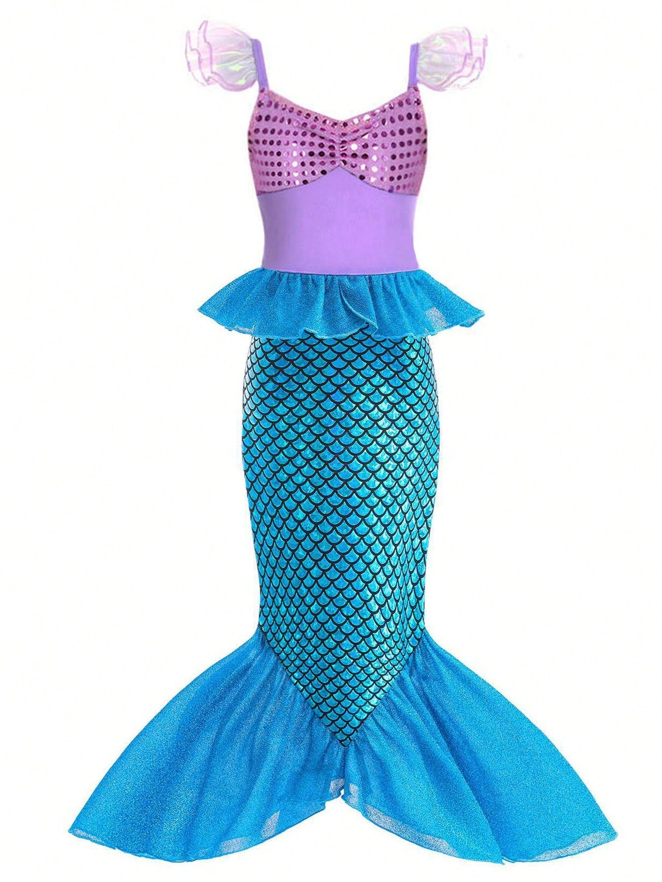 Young Girl Classic Mermaid Princess Party Dress With Flying Sleeves, Sequined Fish Tail Formal Evening Gown For Performance