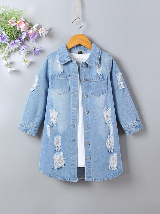 Young Girl Vintage Street College Style Ripped Long Denim Jacket