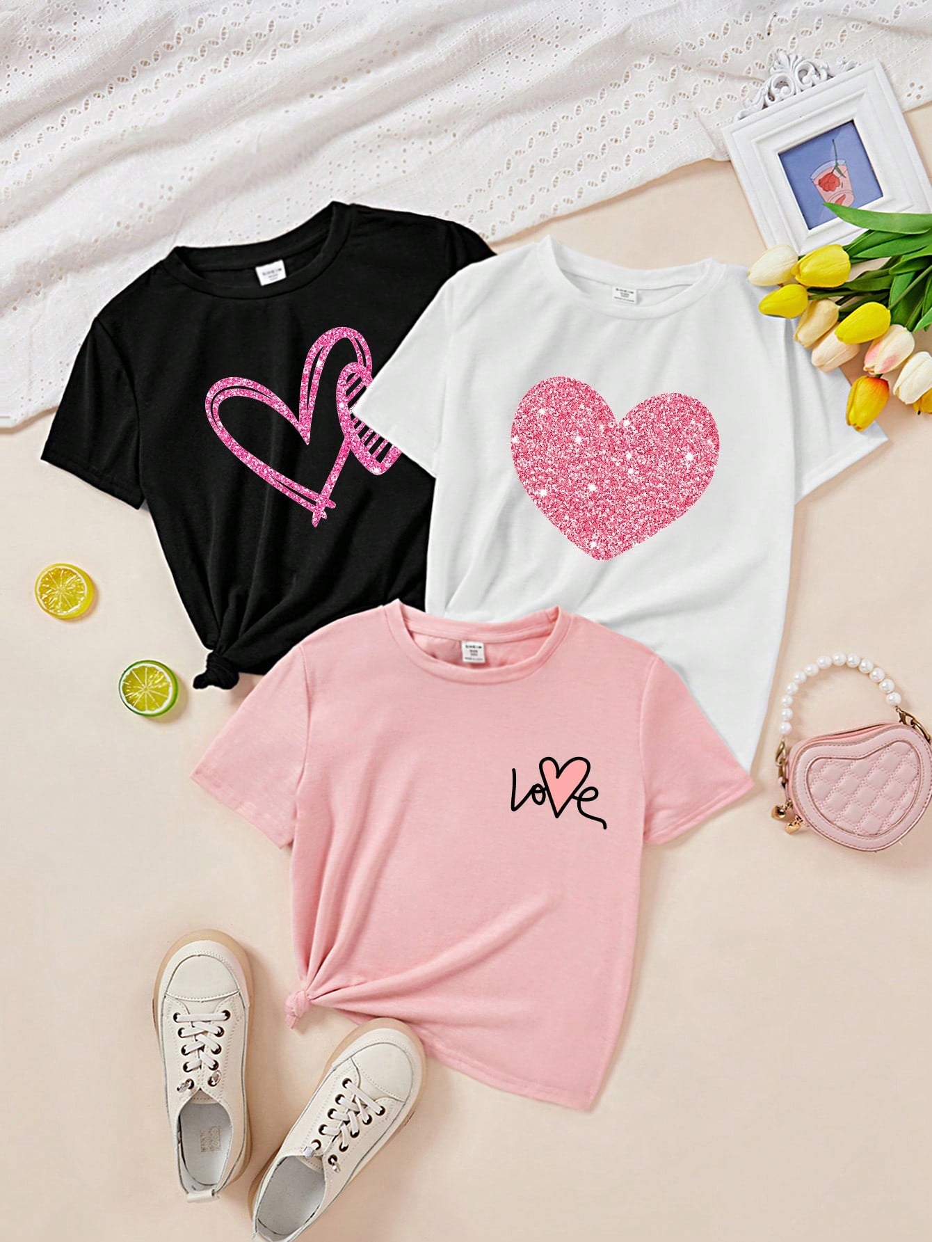 Tween Girl Set Of 3 Casual And Simple Cartoon Flower And Butterfly Pattern T-Shirts, Suitable For Summer