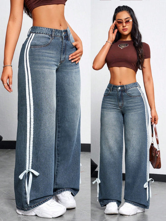 Women's Side-Stripe Wide Leg Loose Fit Casual Denim Jeans With Pockets