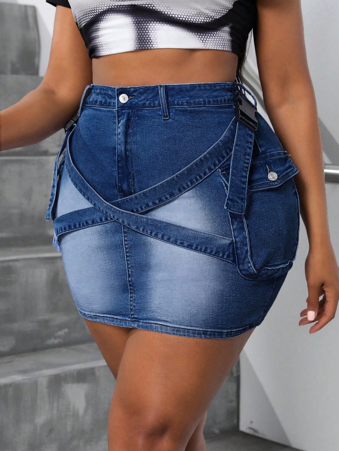 Plus Size Denim Stretchy Mini Skirt With Pocket Design, Summer