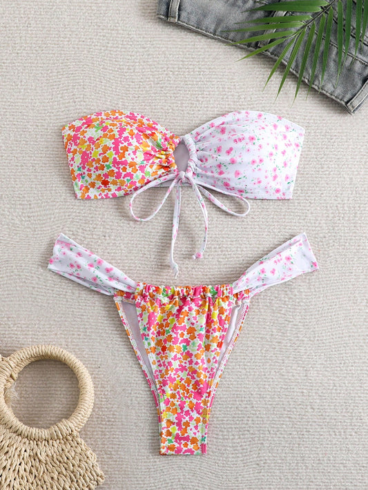 Women's Summer Beach Ditsy Floral Bandeau Tie Sexy Bikini Set, Random Print