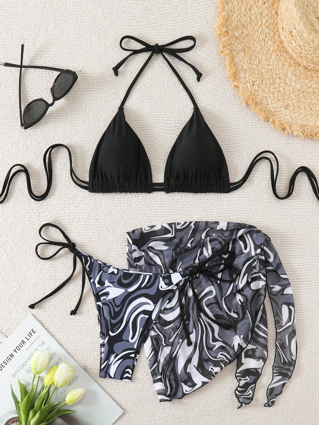 Swim Summer Beach Marble Print Mesh Bikini Set Halter Triangle Bra Top & Tie Side Bikini Bottom & Skirt 3 Pieces Bikini