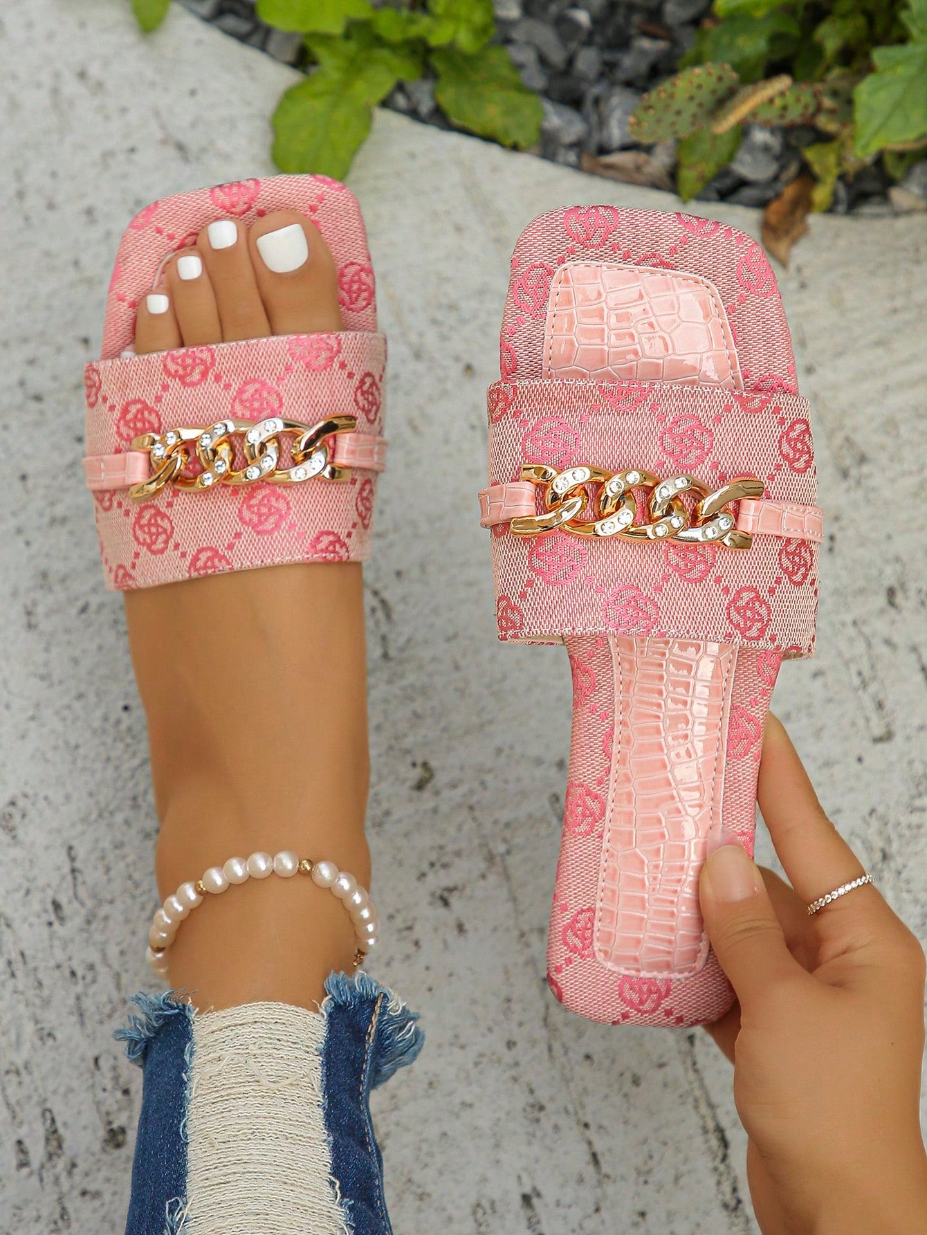 Women's Fashionable Chain Decor Color Block Printed Comfortable Casual Flat Sandals