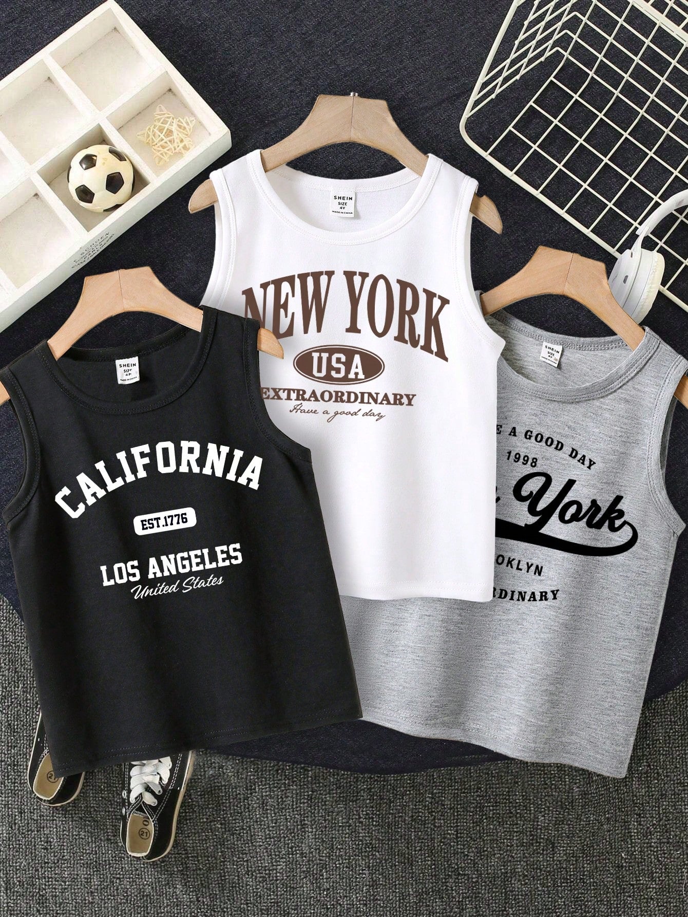 City Slogan Top 3-Pack, Young Boy Casual Simple Letter Print Sleeveless Tank Tops, Suitable For Summer