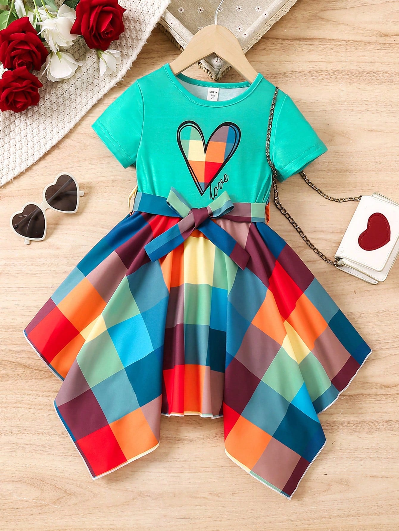 Young Girl Heart Pattern Belted Asymmetrical Hem Plaid Dress