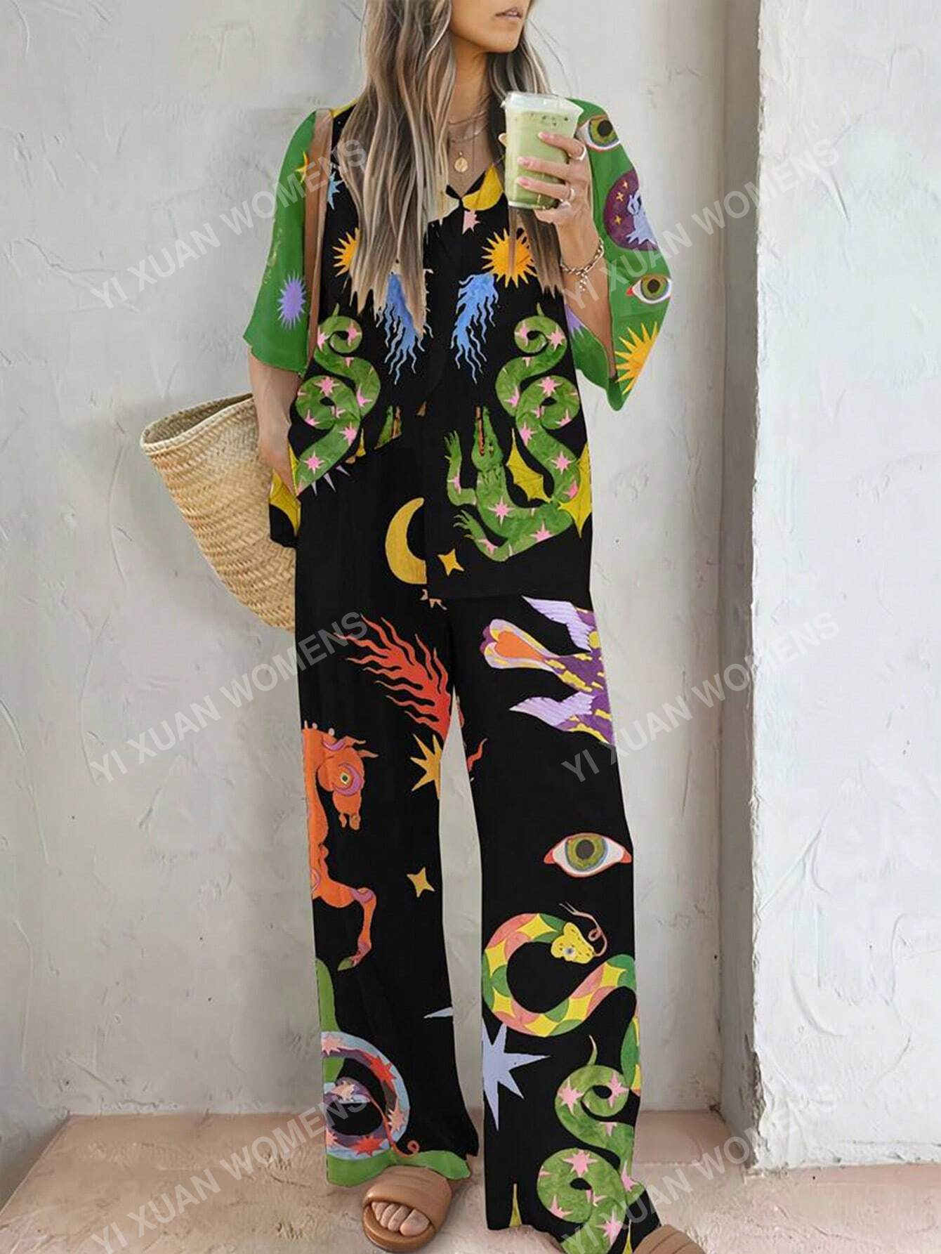 Graphic Print Shirt & Wide Leg Pants