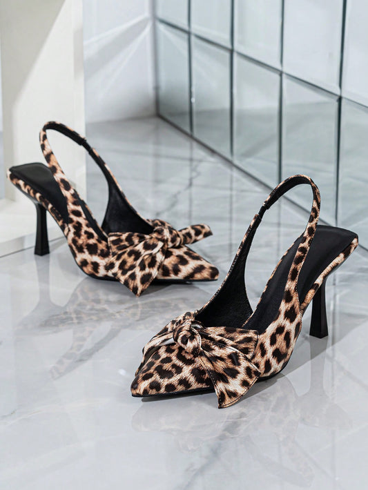 Fashionable Women's Bowknot Leopard Print Slingback High Heels, Pointed Toe