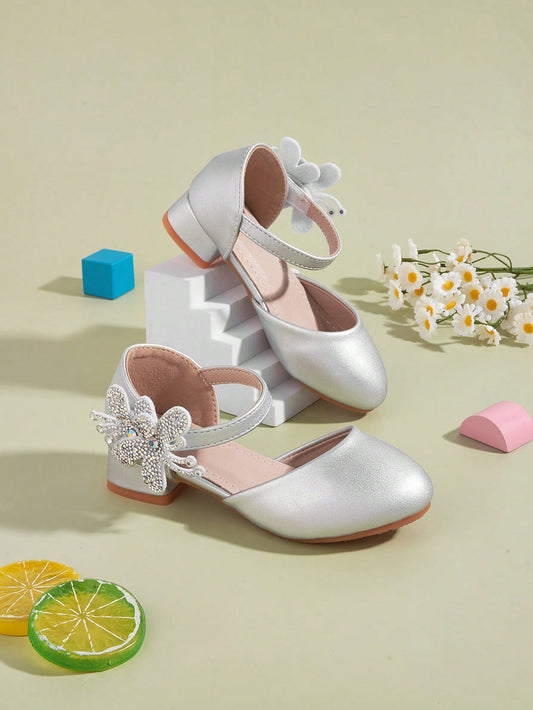 Girls' Cute Silver PU High-Heeled Shoes With Chunky Heels, Comfortable And Shiny Metallic With Small Flowers, Suitable For Spring, Summer And Autumn