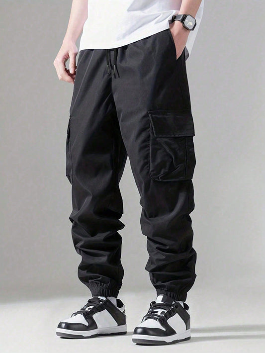 Tween Boy Fashionable Casual Drawstring Waist Cargo Pants With Ribbed Ankle Cuffs, Back-To-School Collegiate Style, Spring/Summer/Autumn