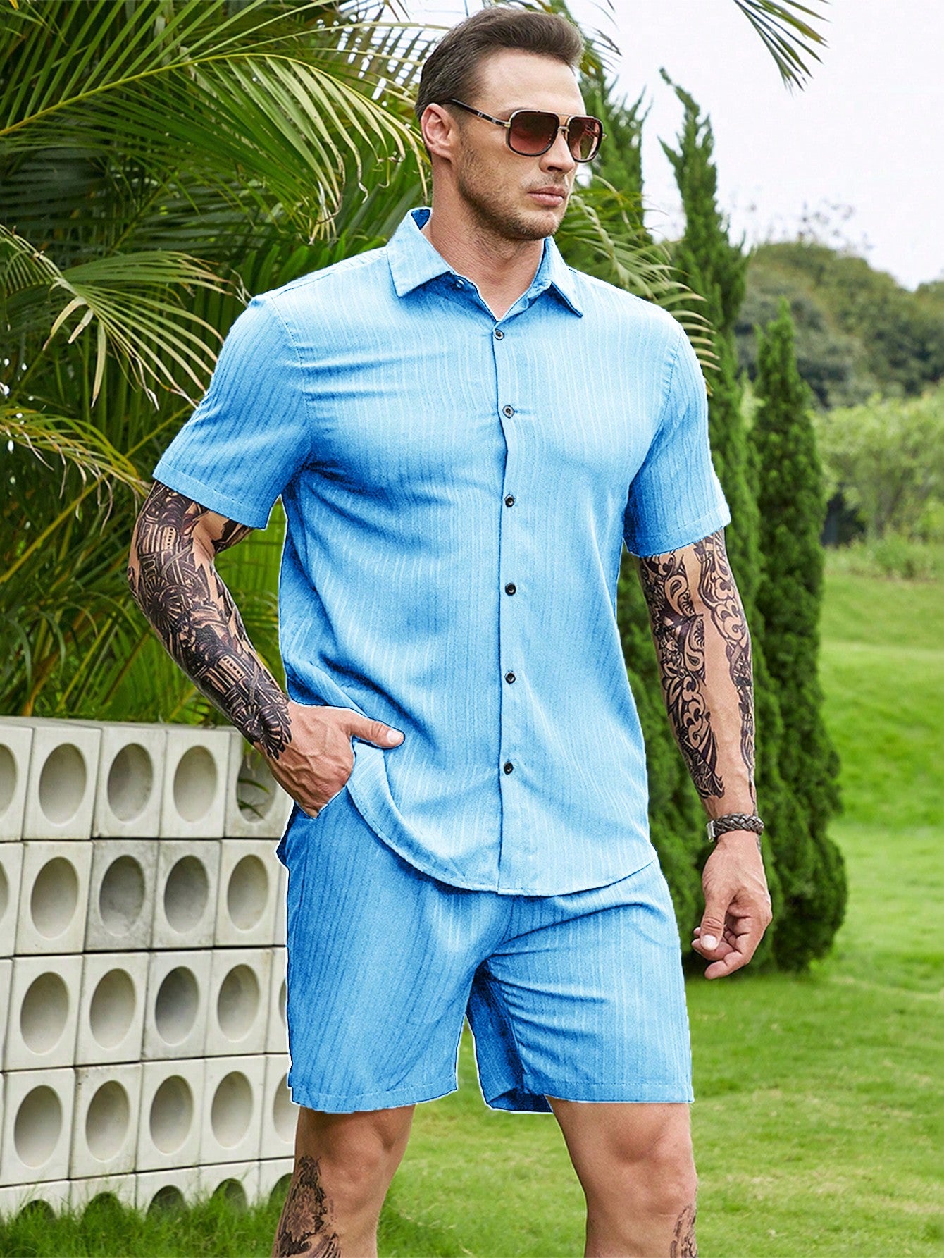 Men Plus Solid Button Up Shirt & Drawstring Waist Shorts