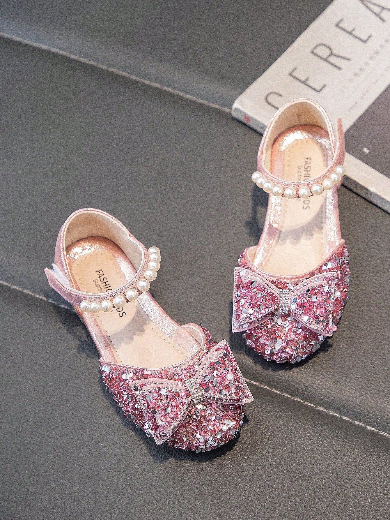 Children Flat Shoes With Rhinestone Bow Embellishment And Glittering Details