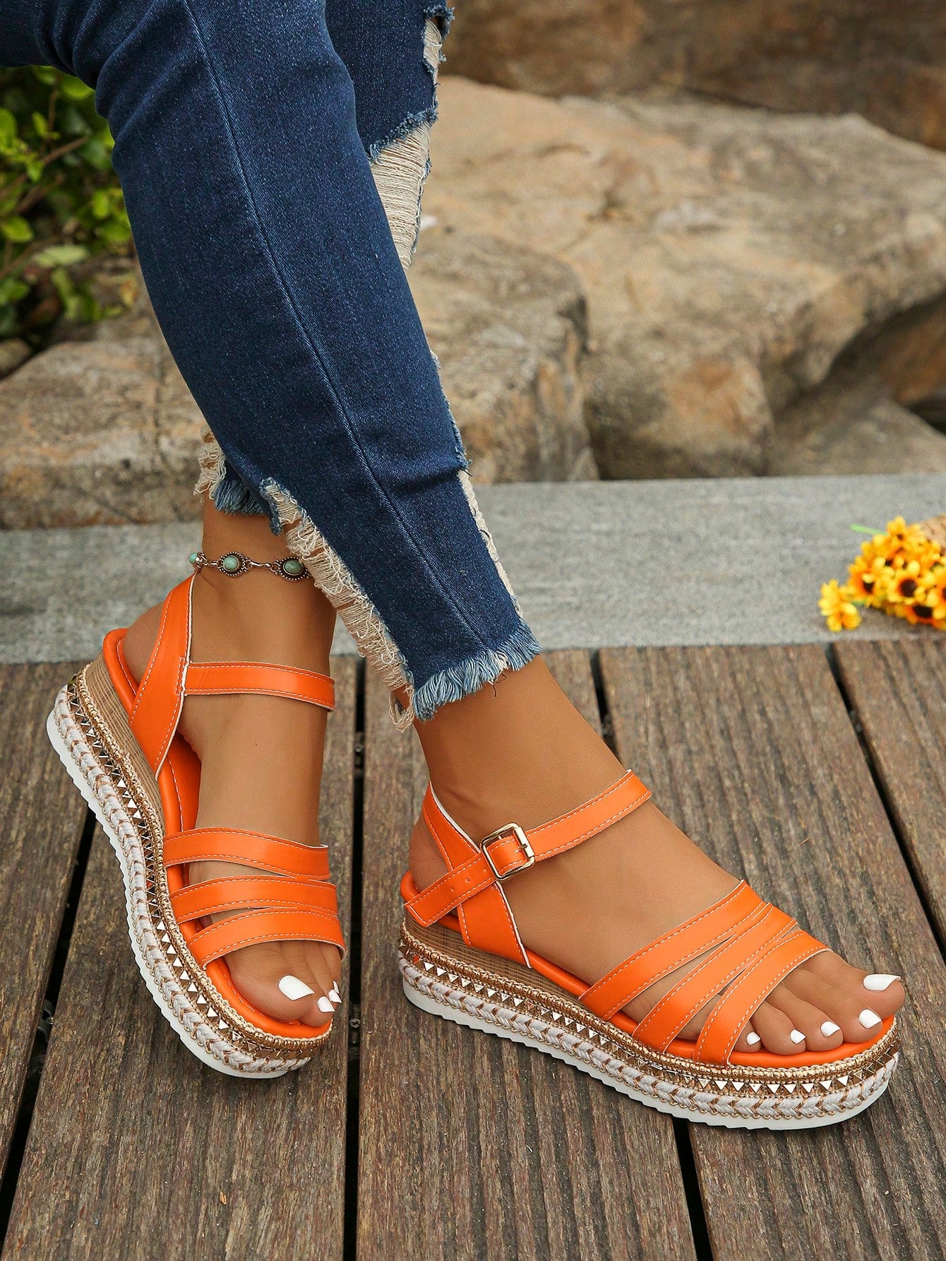 Plus Size Women's Elegant Orange Wedge Sandals, Sizes 36-43, Suitable For Daily Wear And Outdoor Activities, Waterproof Platform Design, Perfect For Matching Skirts, Wedge Heel