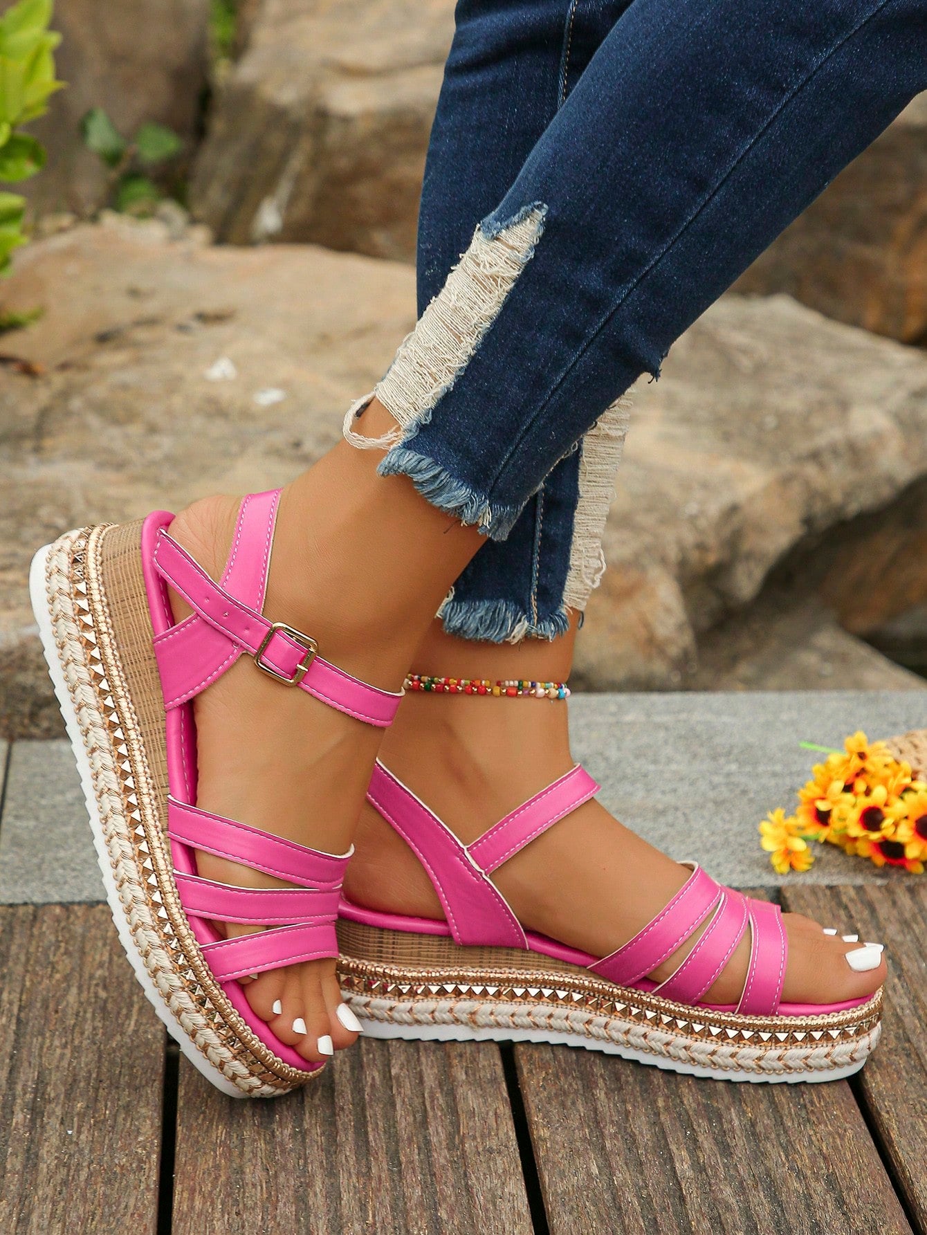 Women's Studded Multiple Straps Sandals, Macaron Colors Ankle Strap Buckle Open Toe Sandals For Summer Beach Vacation, Wedge Heel Platform High Waterproof Sole, Light Purple Wedge Sandals, High Heel Shoes For Women