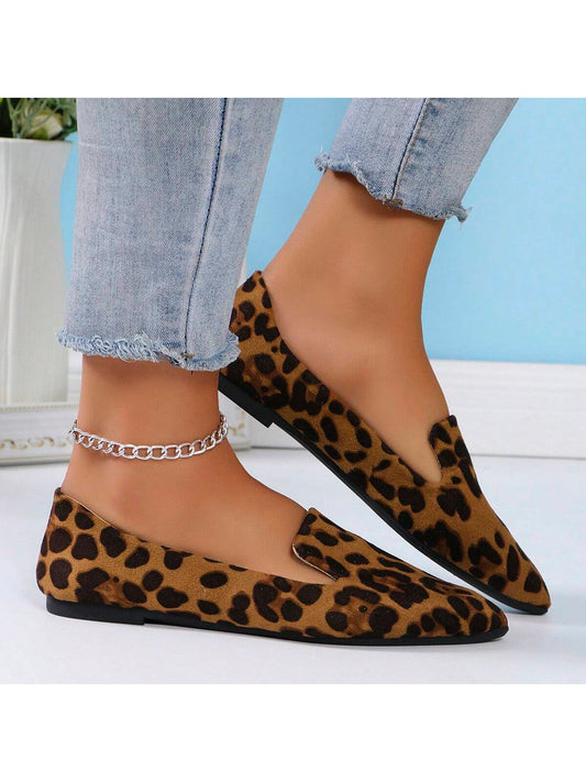 Women's Casual Flat Shoes, Dark Leopard Print, Breathable And Versatile Soft-Soled Pointed Loafers, Spring & Autumn Collection 2024, Runs Small (One Size Smaller), Irregular Patterned Slip-On Canvas Shoes Suitable For All Seasons, Suitable For Wide Feet (