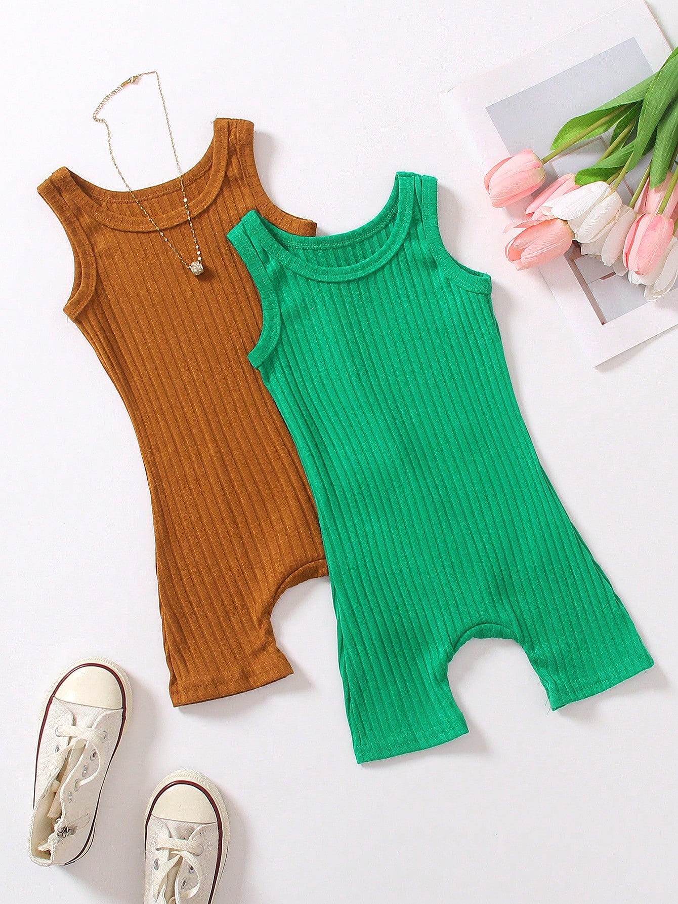 Young Girl 2pcs Ribbed Unitard Romper