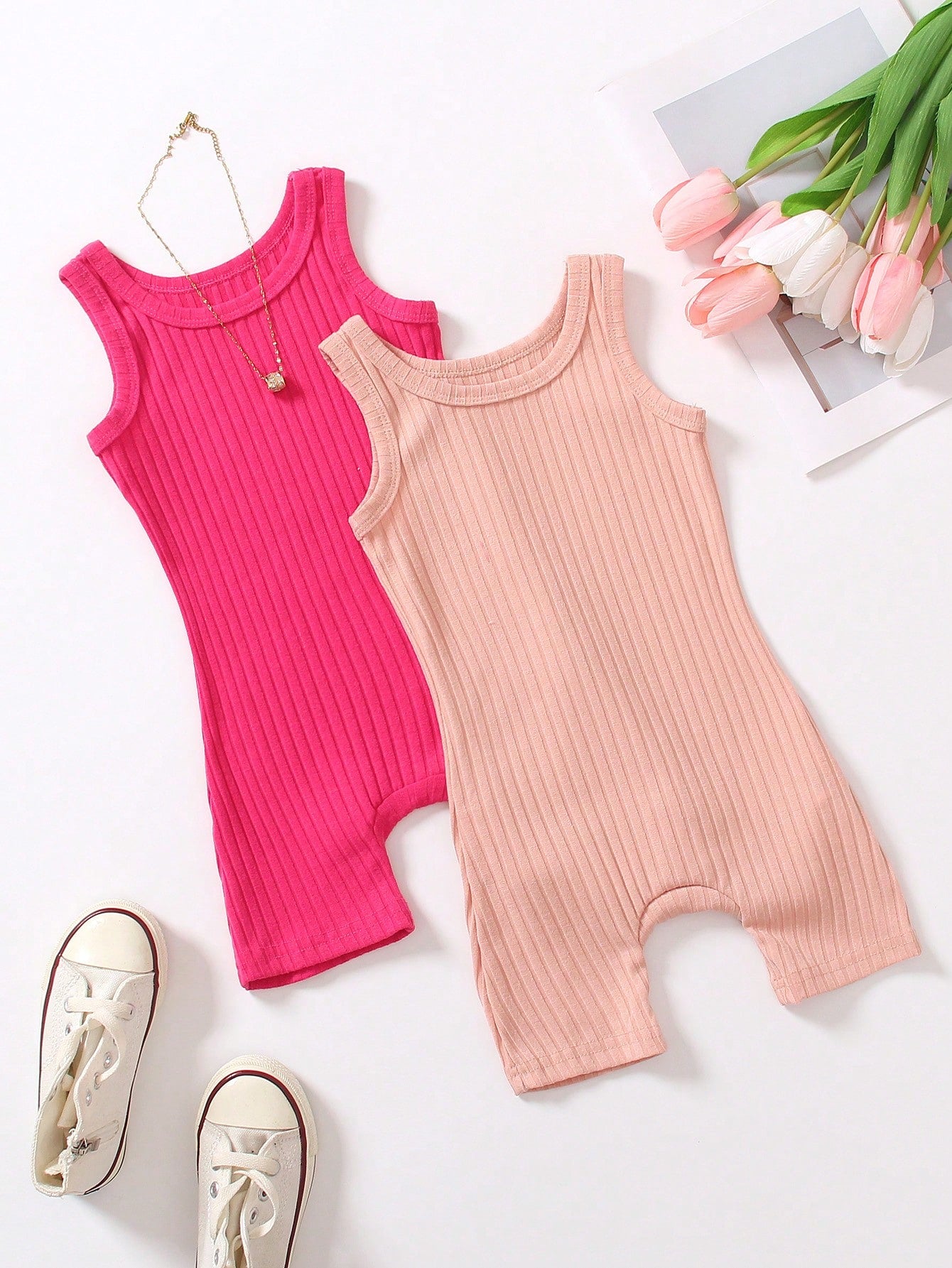 Young Girl 2pcs Ribbed Unitard Romper