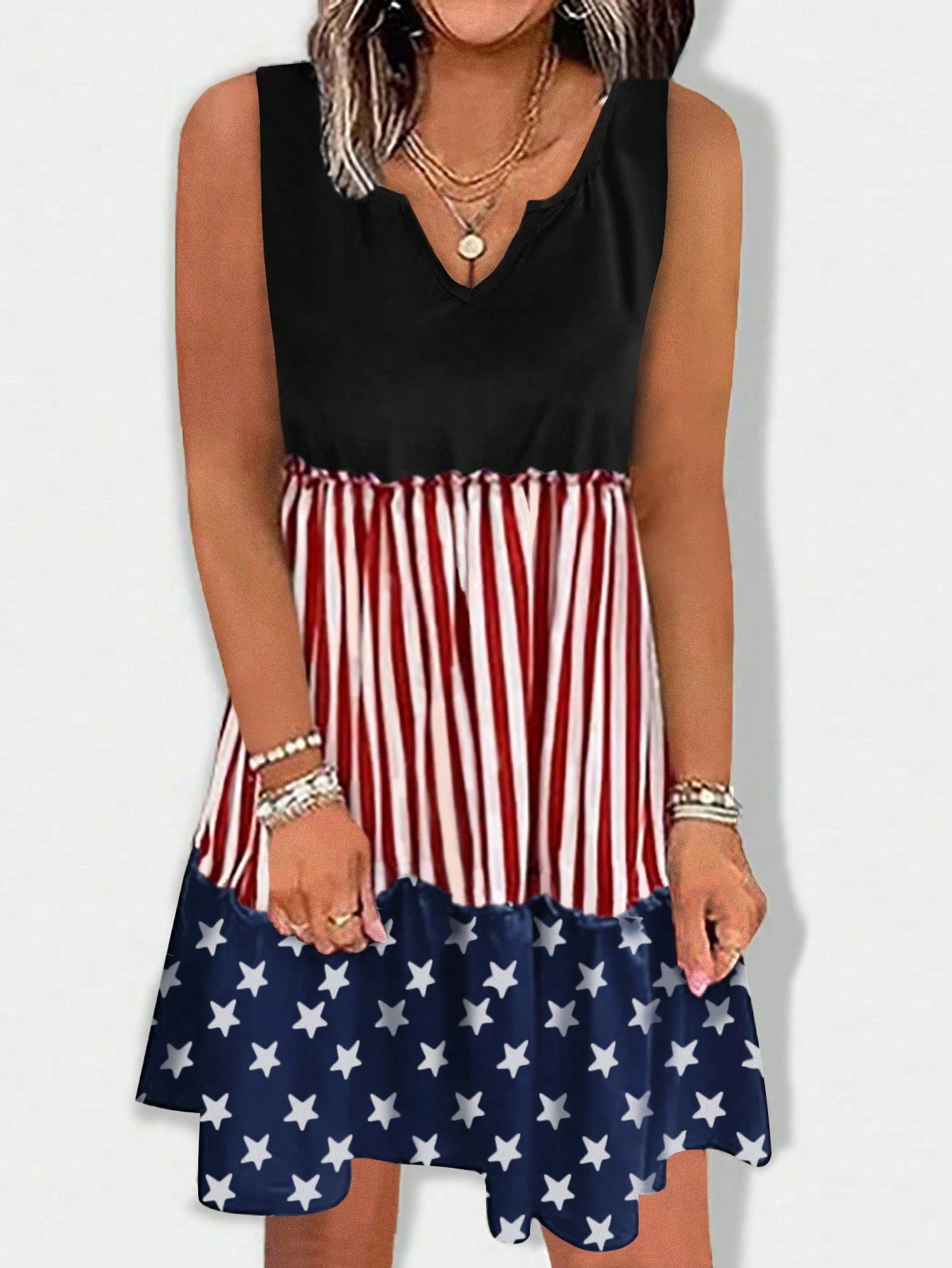 Women's Sleeveless Dress With American Flag Print And Frill Hem