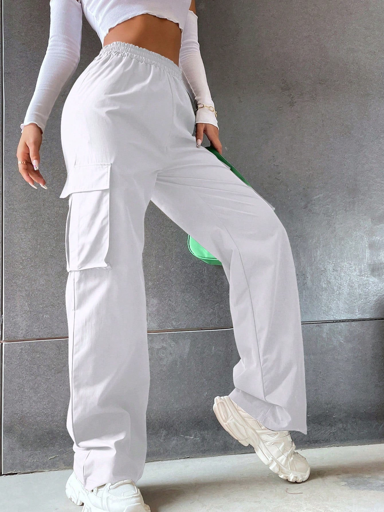 Solid High Waist Flap Pocket Cargo Pants