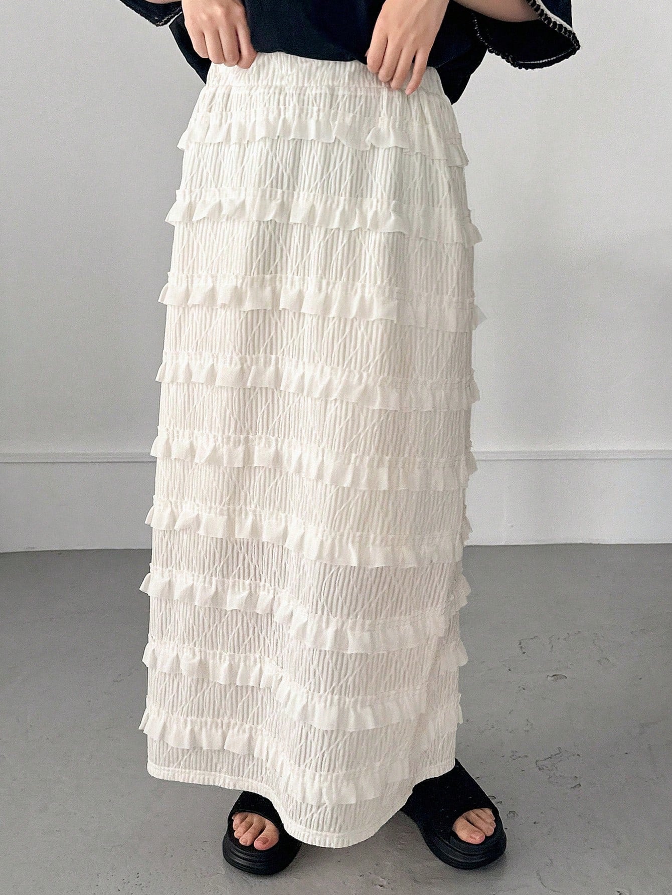 FRIFUL Women's Solid Textured High Waist Tiered Layer Skirt