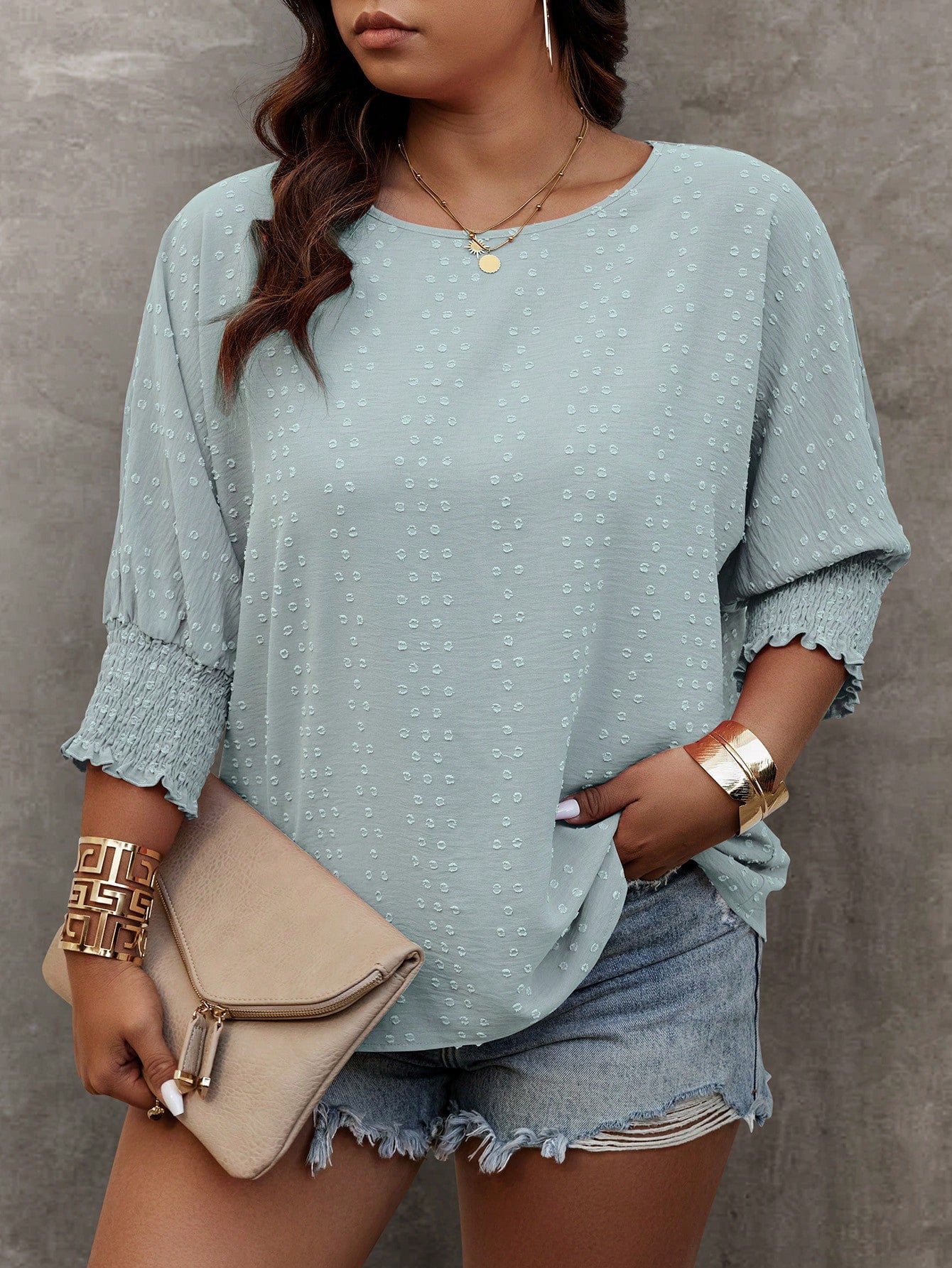 Plus Size Summer Casual Solid Color Jacquard Batwing Sleeve Shirt