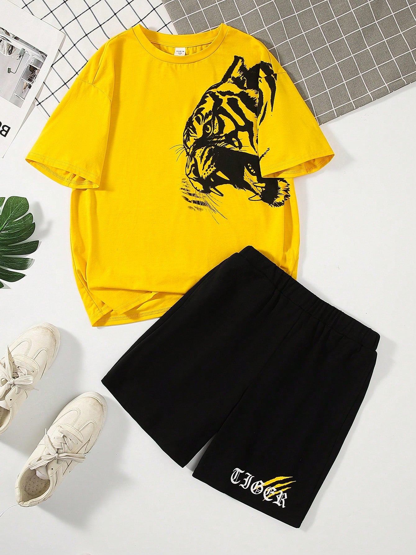 Tween Boys Extended Size Casual Animal Print Short Sleeve Tee And Shorts Knitted Two Piece Set