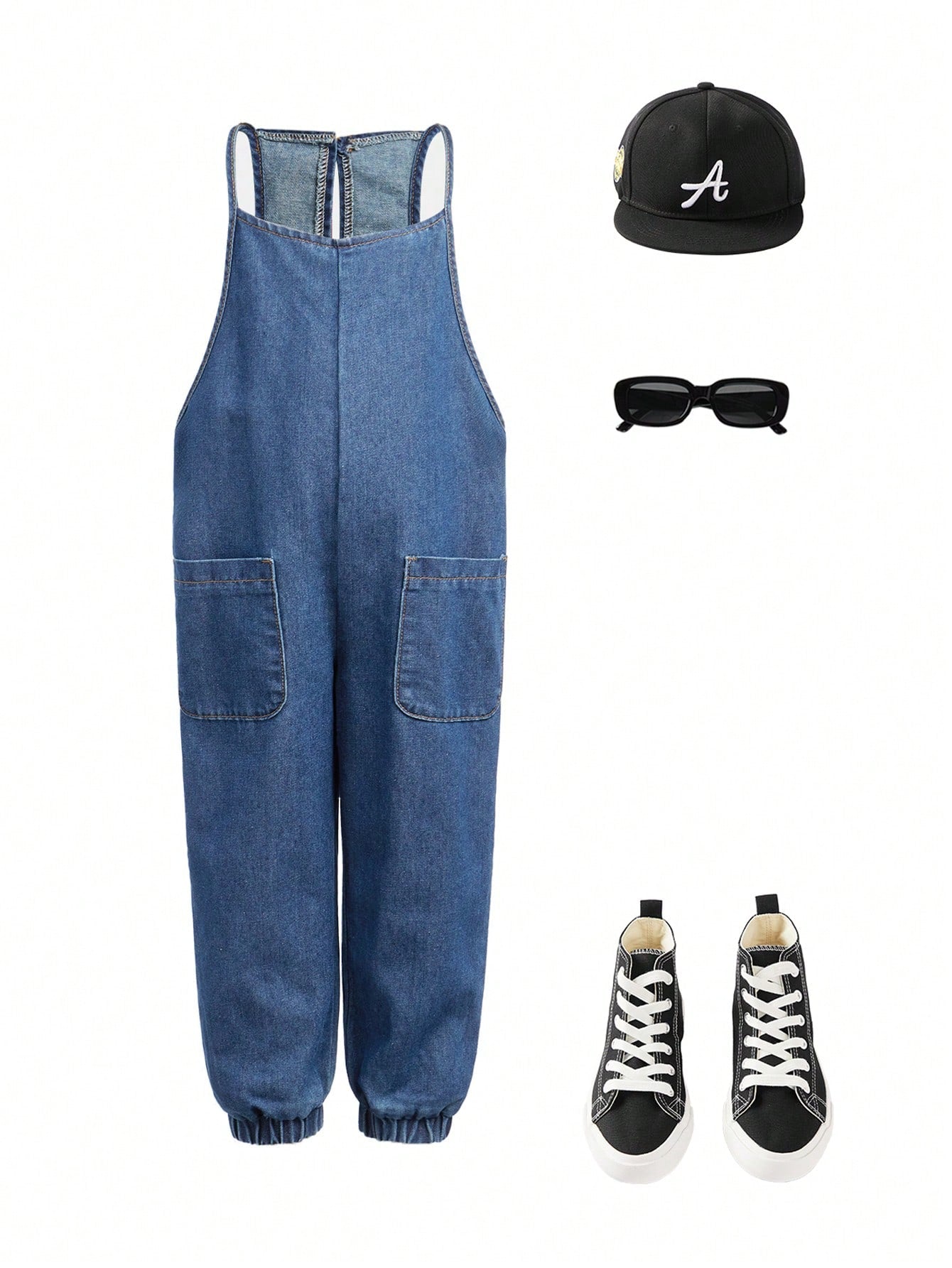 Young Girl Denim Jumpsuit, Washed, Casual, Comfortable, Outdoor Sports