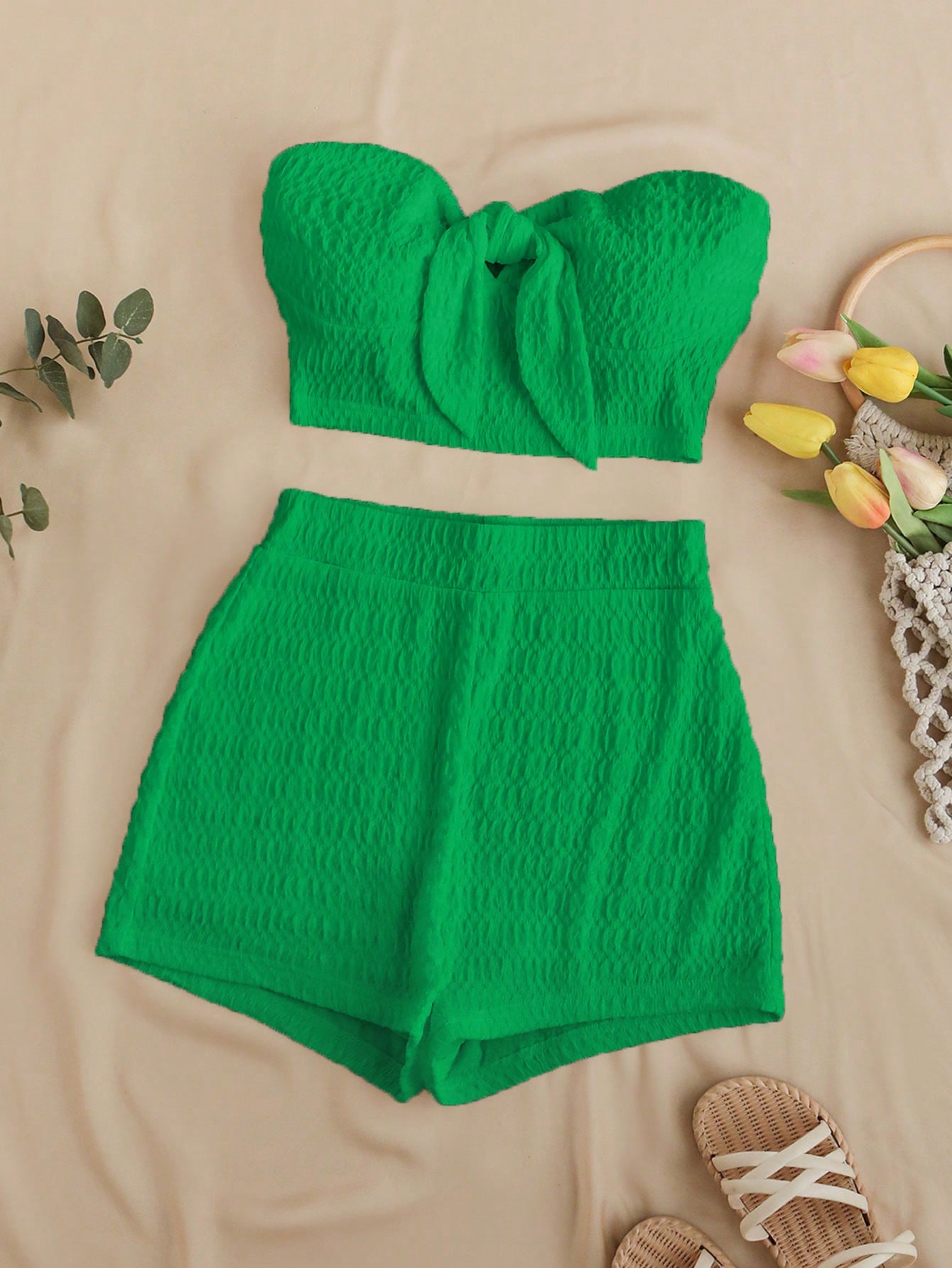 Summer Solid Color Textured Bandeau Top And High-Waisted Shorts Set