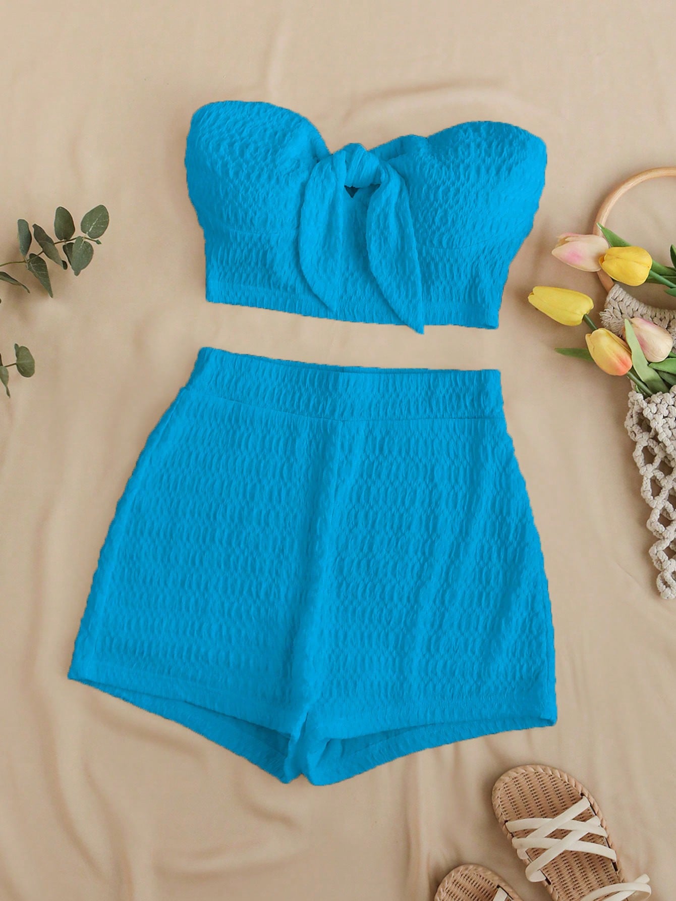 Summer Solid Color Textured Bandeau Top And High-Waisted Shorts Set