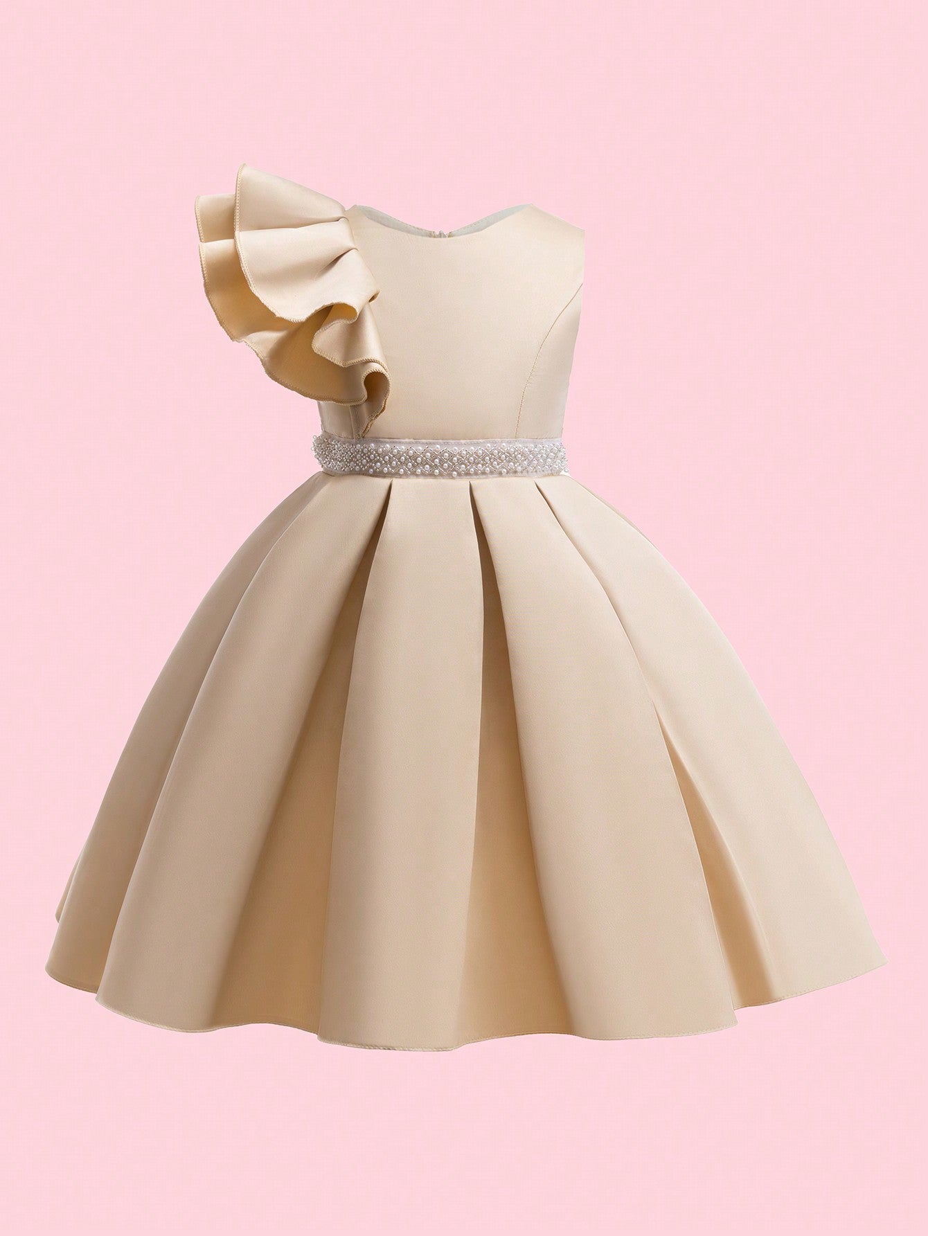 Young Girl Solid Color Satin Party Dress With Pearl Belt, Ruffled Hem, Mid-To-Long Length