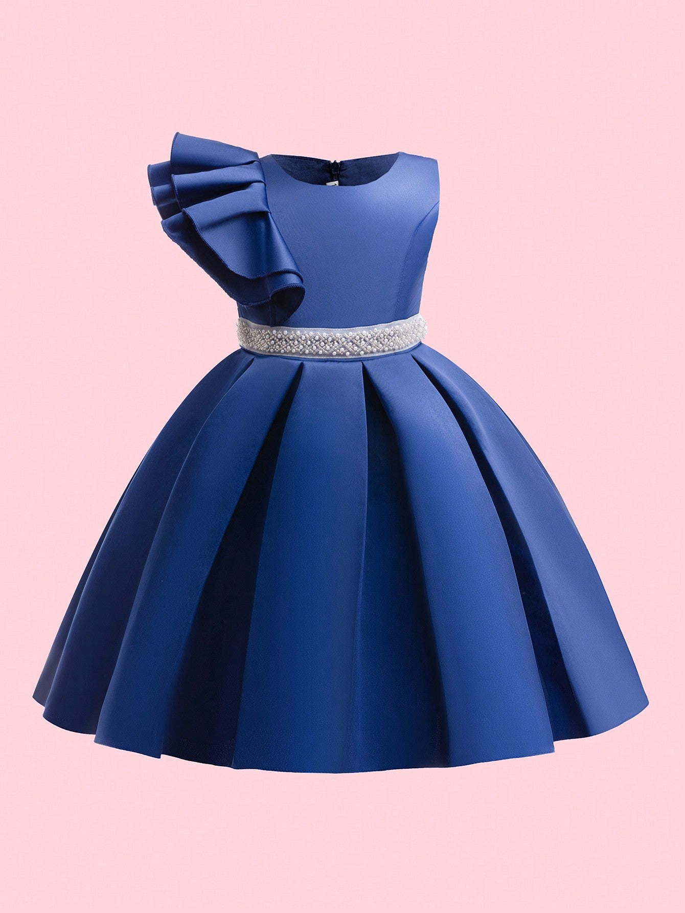 Young Girl Solid Color Satin Party Dress With Pearl Belt, Ruffled Hem, Mid-To-Long Length