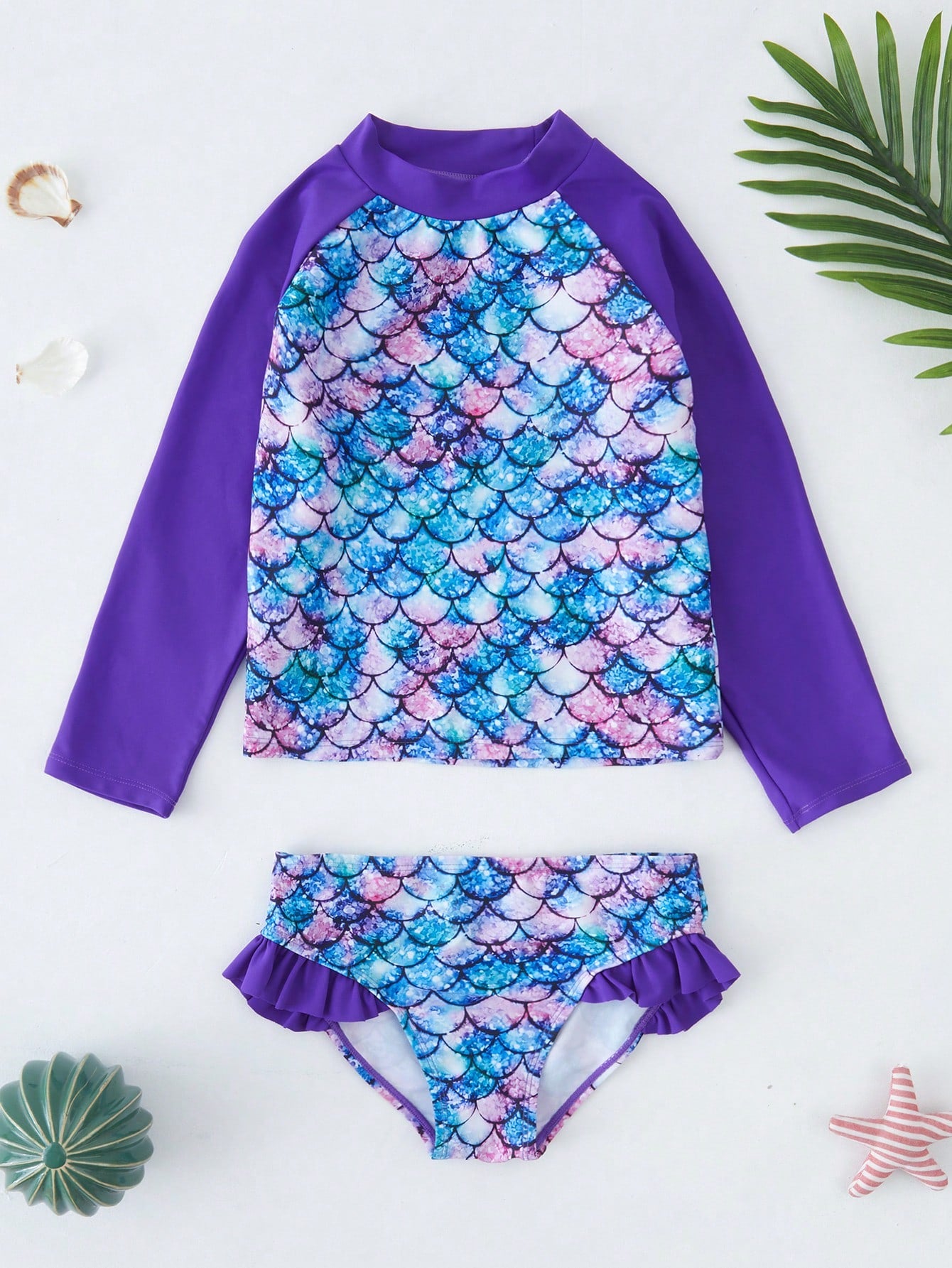 Young Girl Lovely Mermaid Long Sleeve Swimwear , Fish Scale Ruffle Edge Two-Piece