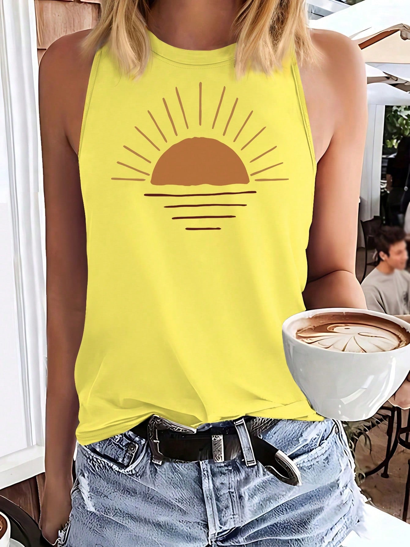 Simple Sun And Sunrise Print Casual Tank Top With Round Neckline