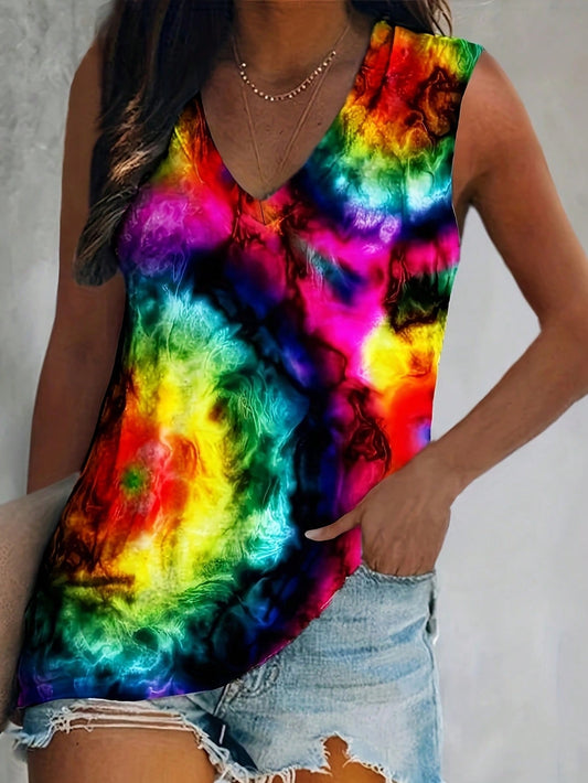 Plus Size Abstract Tie Dye Tank Top, Casual Sleeveless V Neck Top For Summer & Spring, Women's Plus Size Clothing