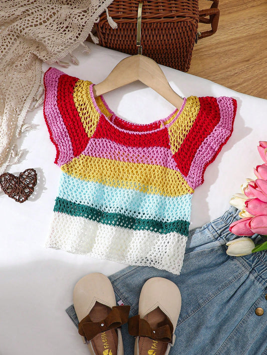 Young Girl Knitted Rainbow Gradient Square Neck Frilled Hem Fitted Short Casual Sweater