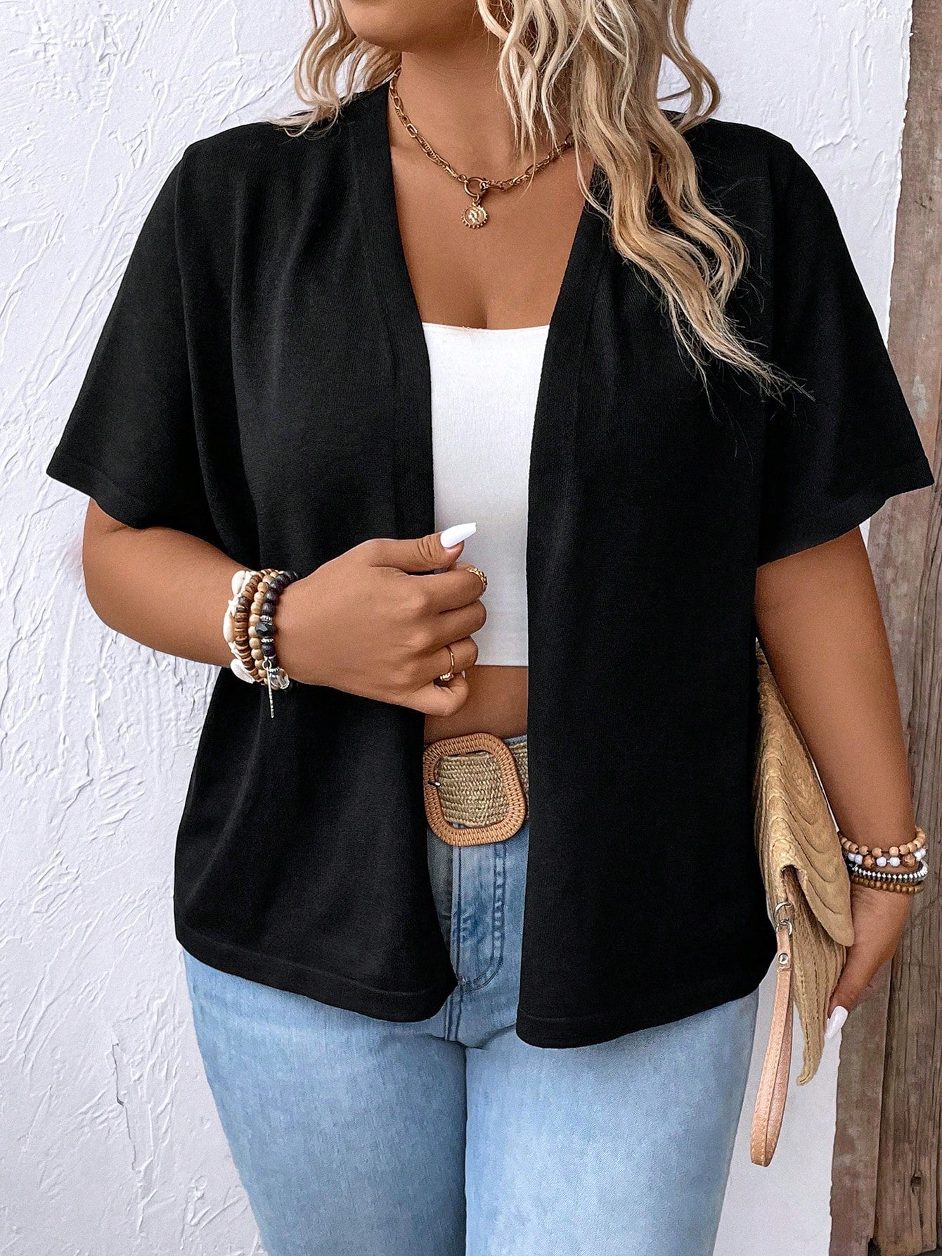 Plus Size Women's Summer Solid Color Short Sleeve Casual Cardigan