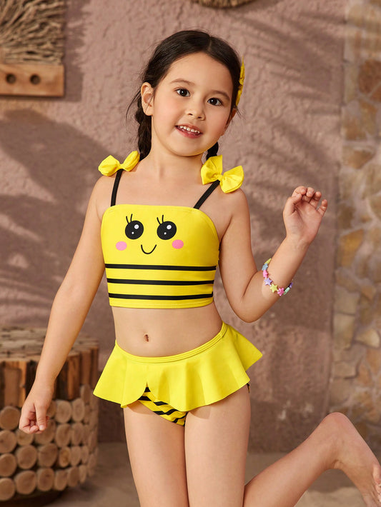 Young Girl Color-Block Striped Cartoon Print Swimsuit Set For Beach Holiday