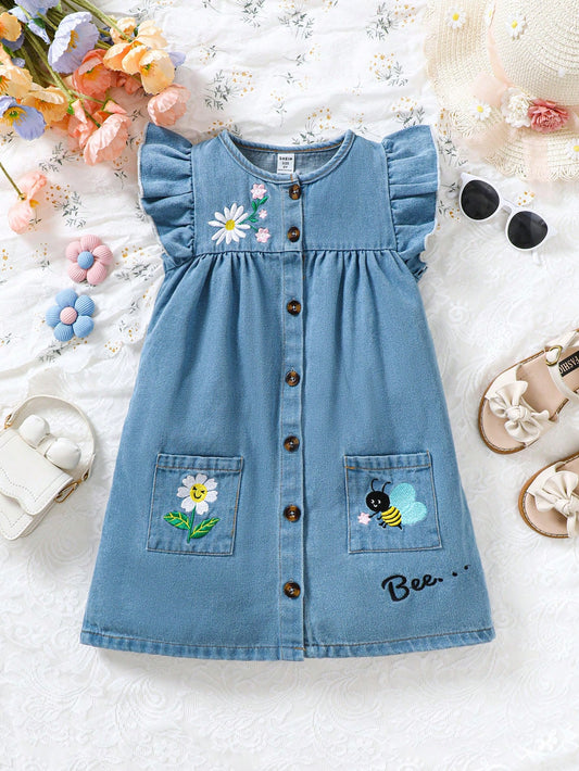 Young Girl Casual Floral Bee Embroidery Cap Sleeve Dress