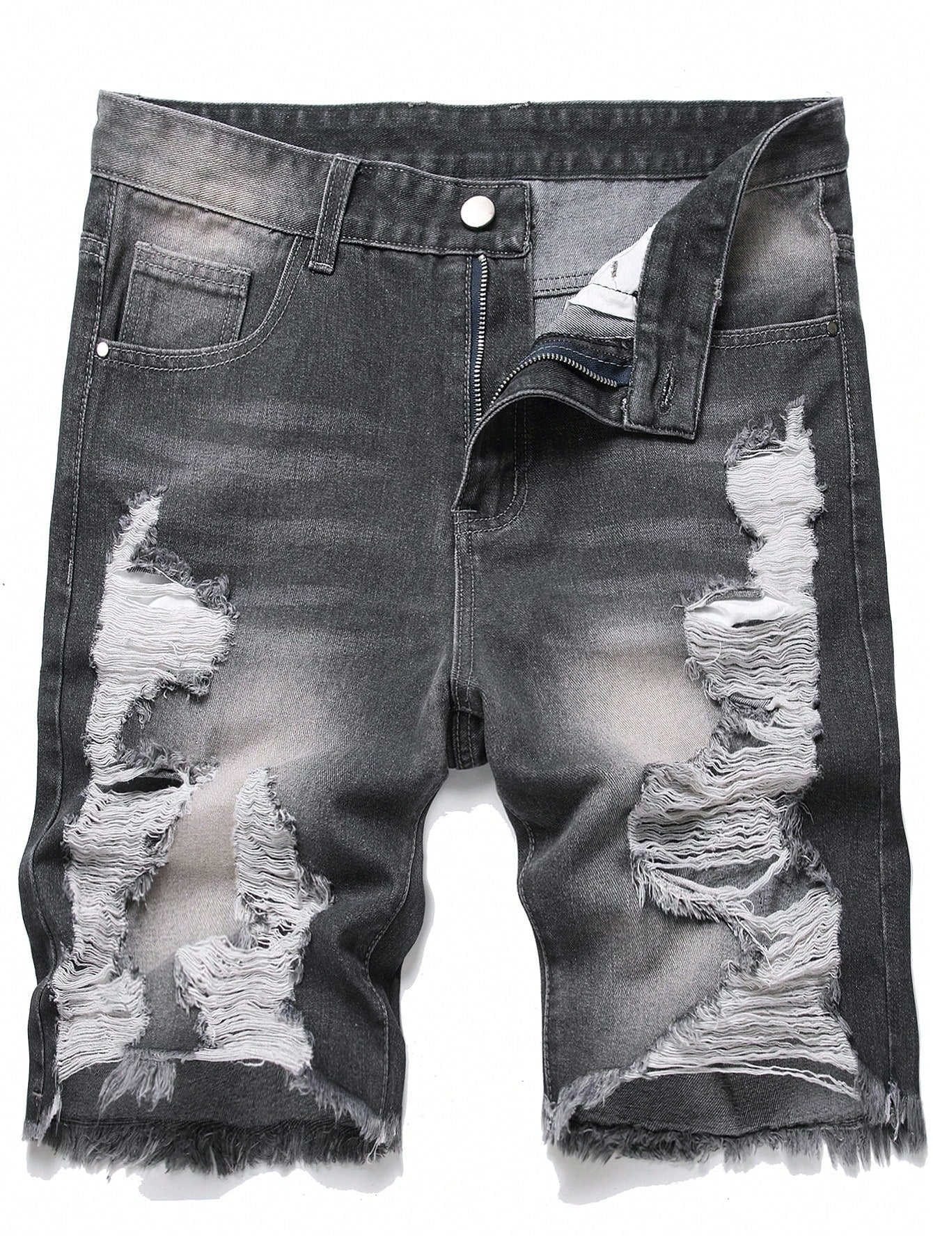 Men's Solid Color Frayed Denim Shorts With Pockets And Distressed Details, Summer