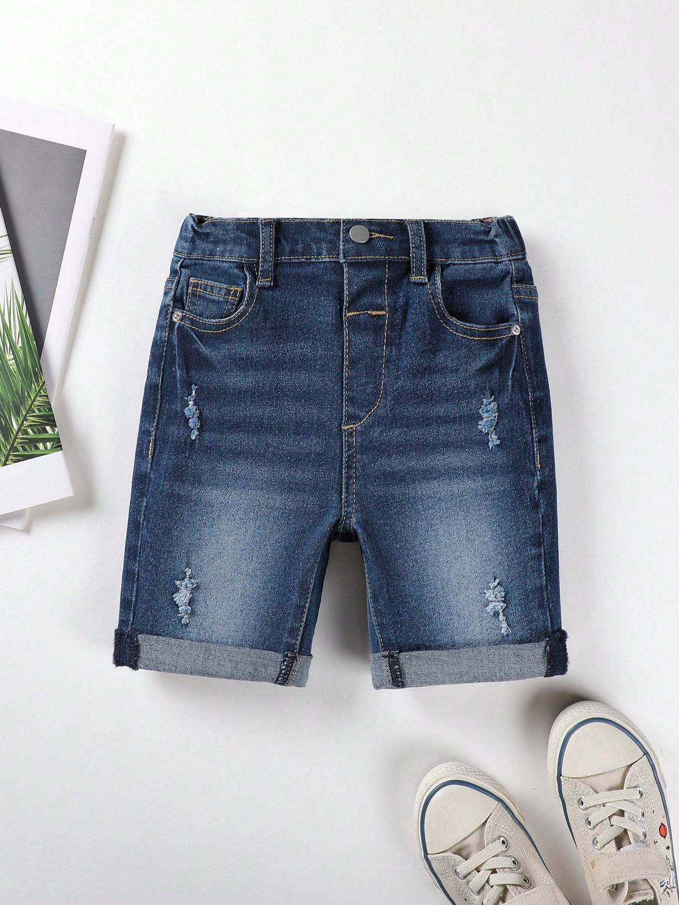 Young Boy Casual Outdoor Sports Personality Summer Elastic Roll-Up Denim Shorts