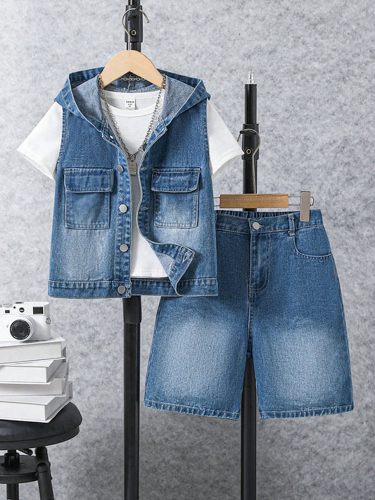 Tween Boy Hooded Denim Vest With Zip Pockets & Denim Shorts Casual Outfit Set