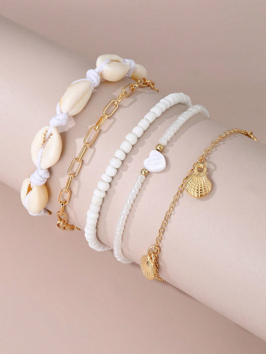 5pcs Girls' Seashell Anklets, Ideal For Travel Combinations