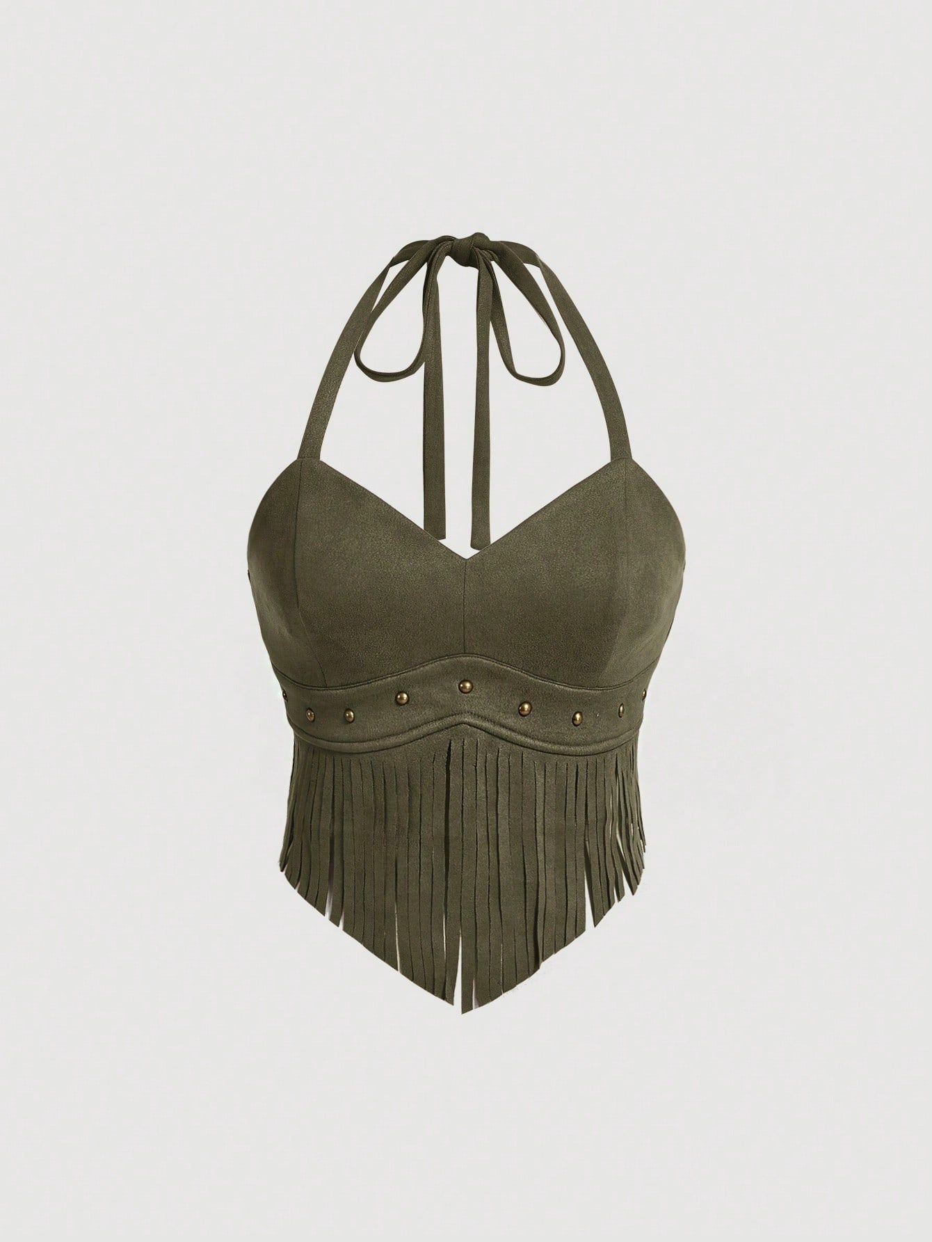 Summer Vintage Suede Halter Neck Top With Tassel Fringe Decoration