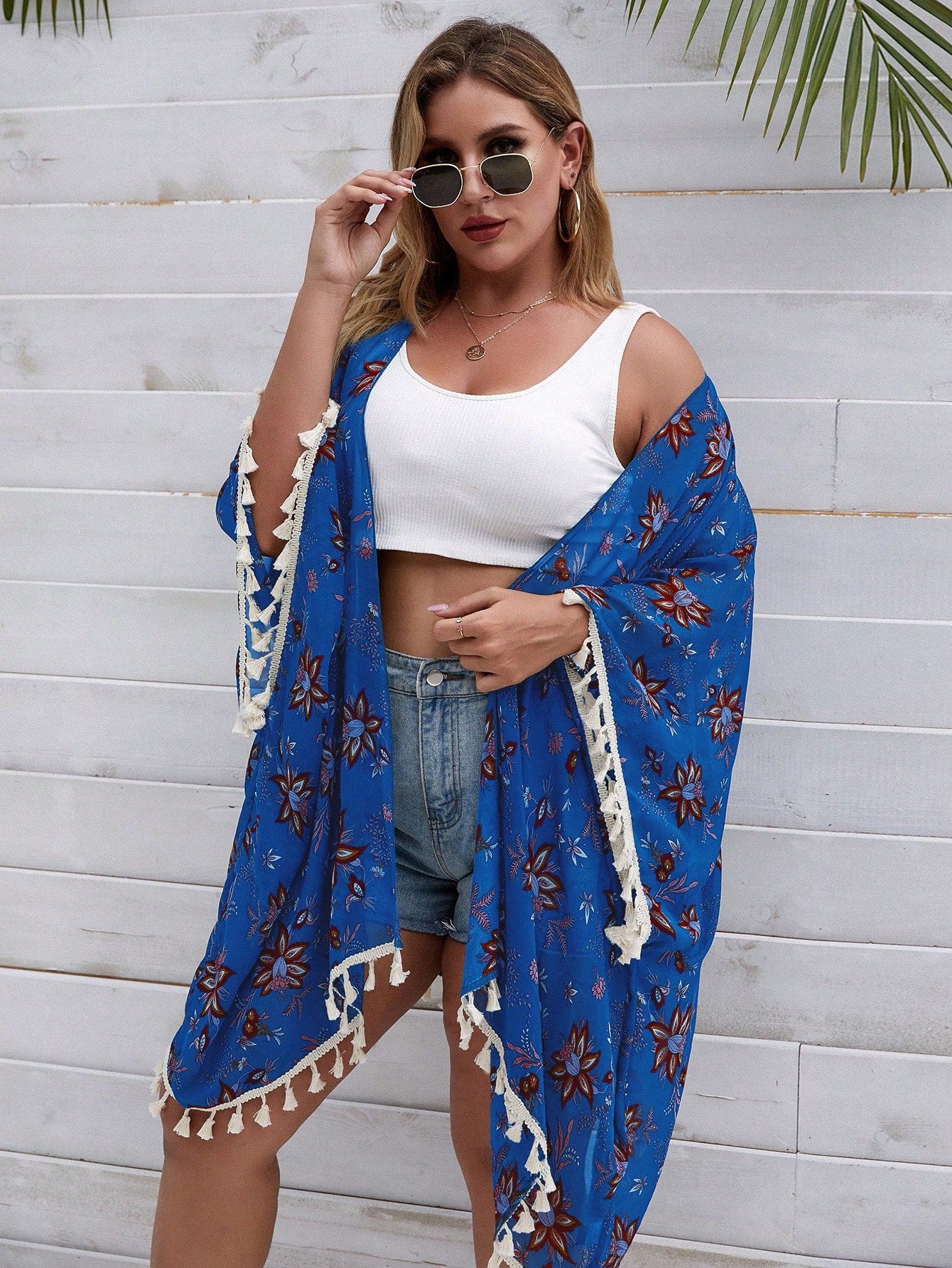 Swim Lushore Plus Size Summer Holiday Floral Printed Fringe Decorated Kimono Jacket With Batwing Sleeve